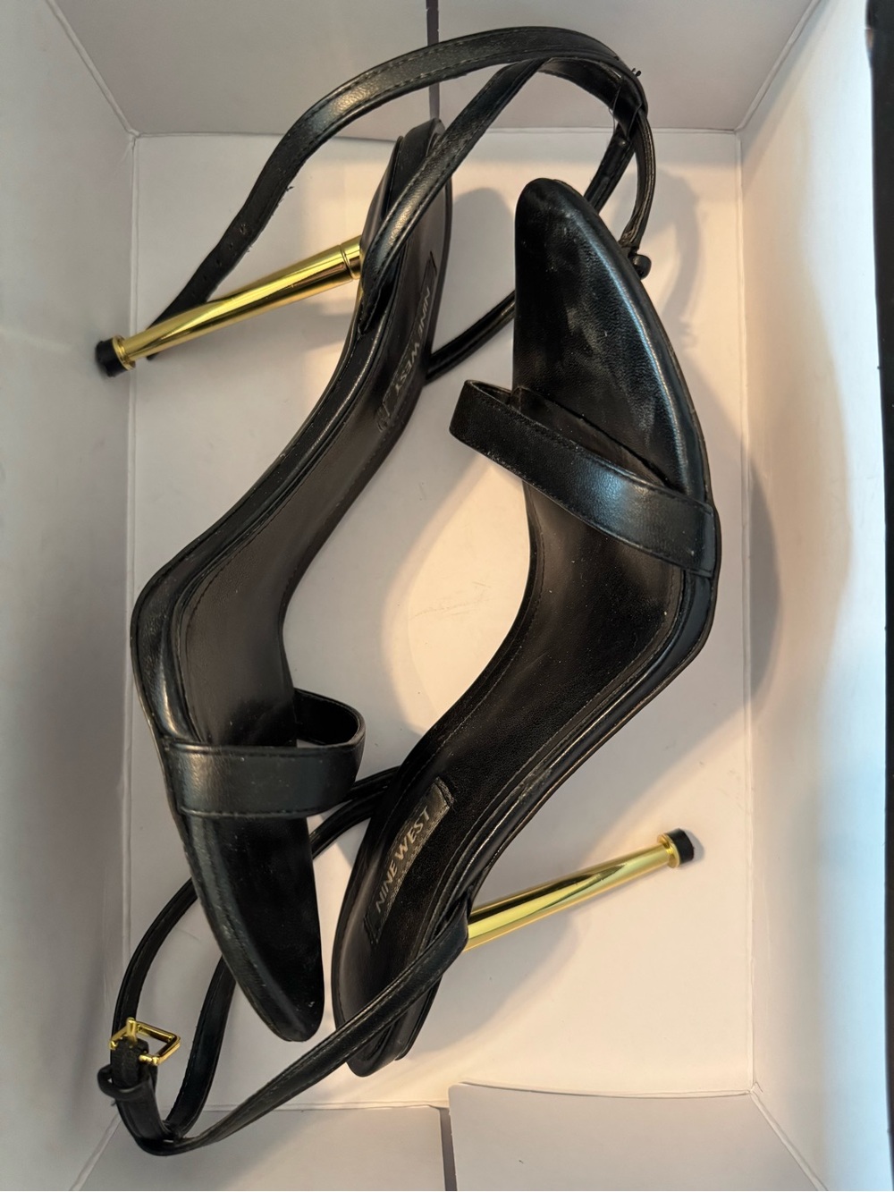 Nine West Black Leather Open-Toe Ankle Strap Heels with Gold Stiletto